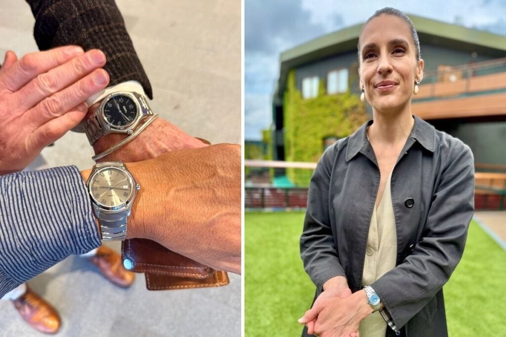Duas pessoas com relógios de bracelete metálica Ebel e uma mulher ao ar livre também com relógio no pulso.