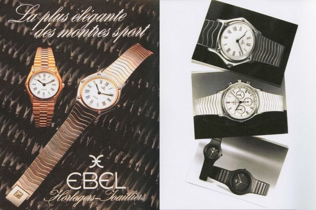 Publicidade vintage de relógios EBEL com braceletes metálicas e mostradores clássicos com numeração romana.
