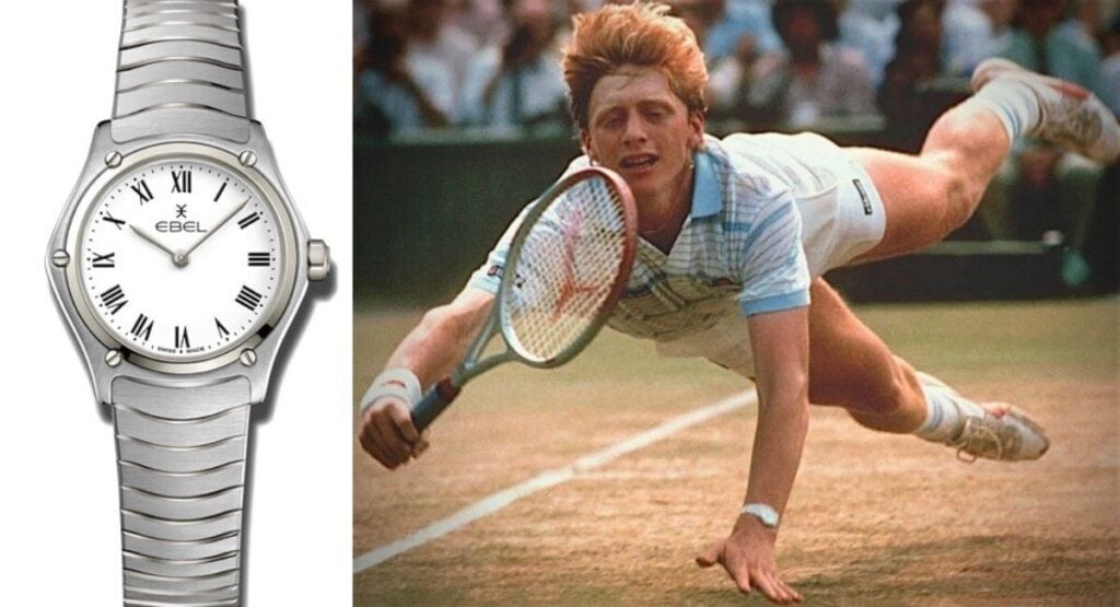 Relógio Ebel Classic Sport em aço inoxidável com mostrador branco e algarismos romanos, ao lado de um jogador de ténis a mergulhar para apanhar a bola durante um jogo.