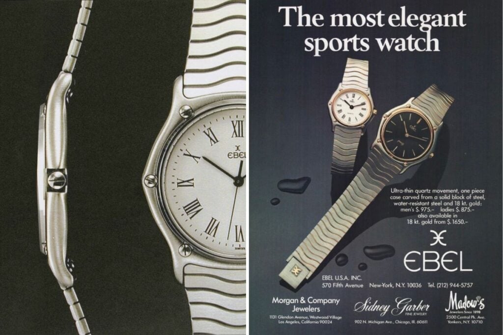 Publicidade vintage de relógios EBEL com braceletes metálicas e mostradores clássicos com numeração romana.