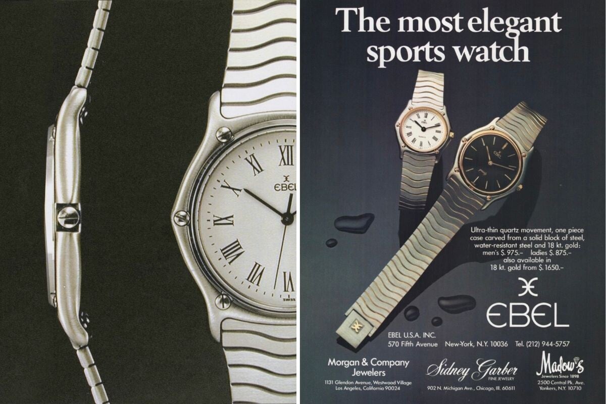 Publicidade vintage de relógios EBEL com braceletes metálicas e mostradores clássicos com numeração romana.