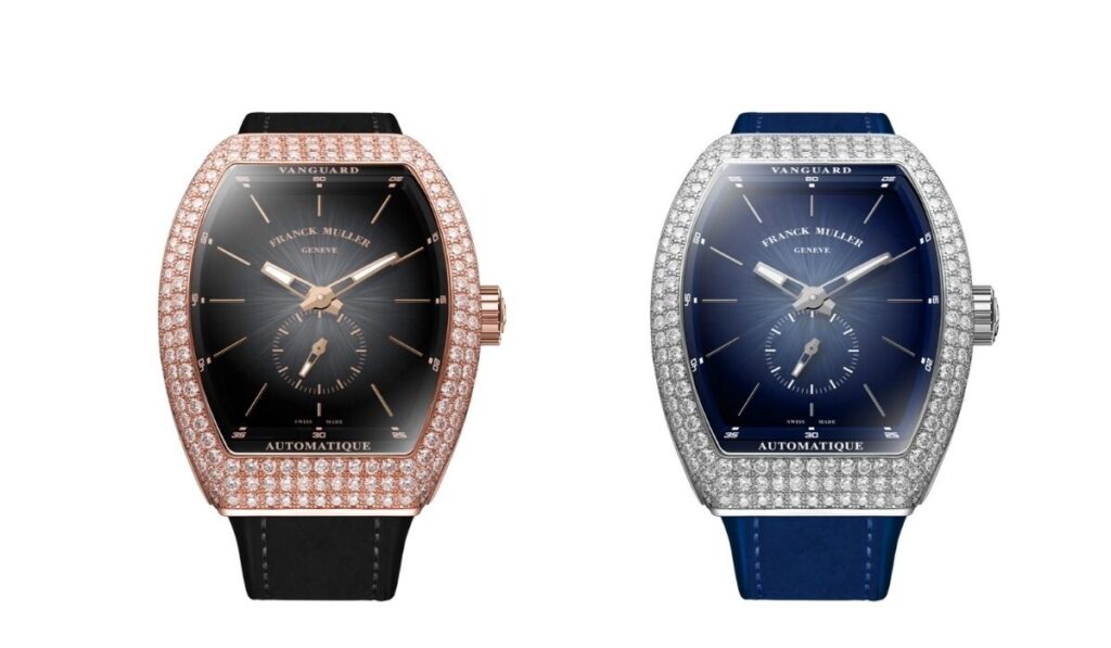 relógios de pulso Franck Muller Vanguard Sfumato Slim com caixas cravejadas de diamantes e mostradores sfumato um em preto e o outro azul