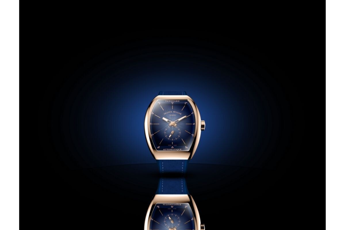 relógio de pulso Franck Muller Vanguard Sfumato Slim com caixa em ouro rosa e mostrador sfumato azul