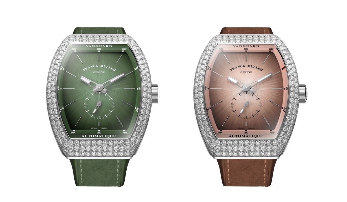 relógios de pulso Franck Muller Vanguard Sfumato Slim com caixas cravejadas de diamantes e mostradores sfumato um em verde e o outro em acastanhado