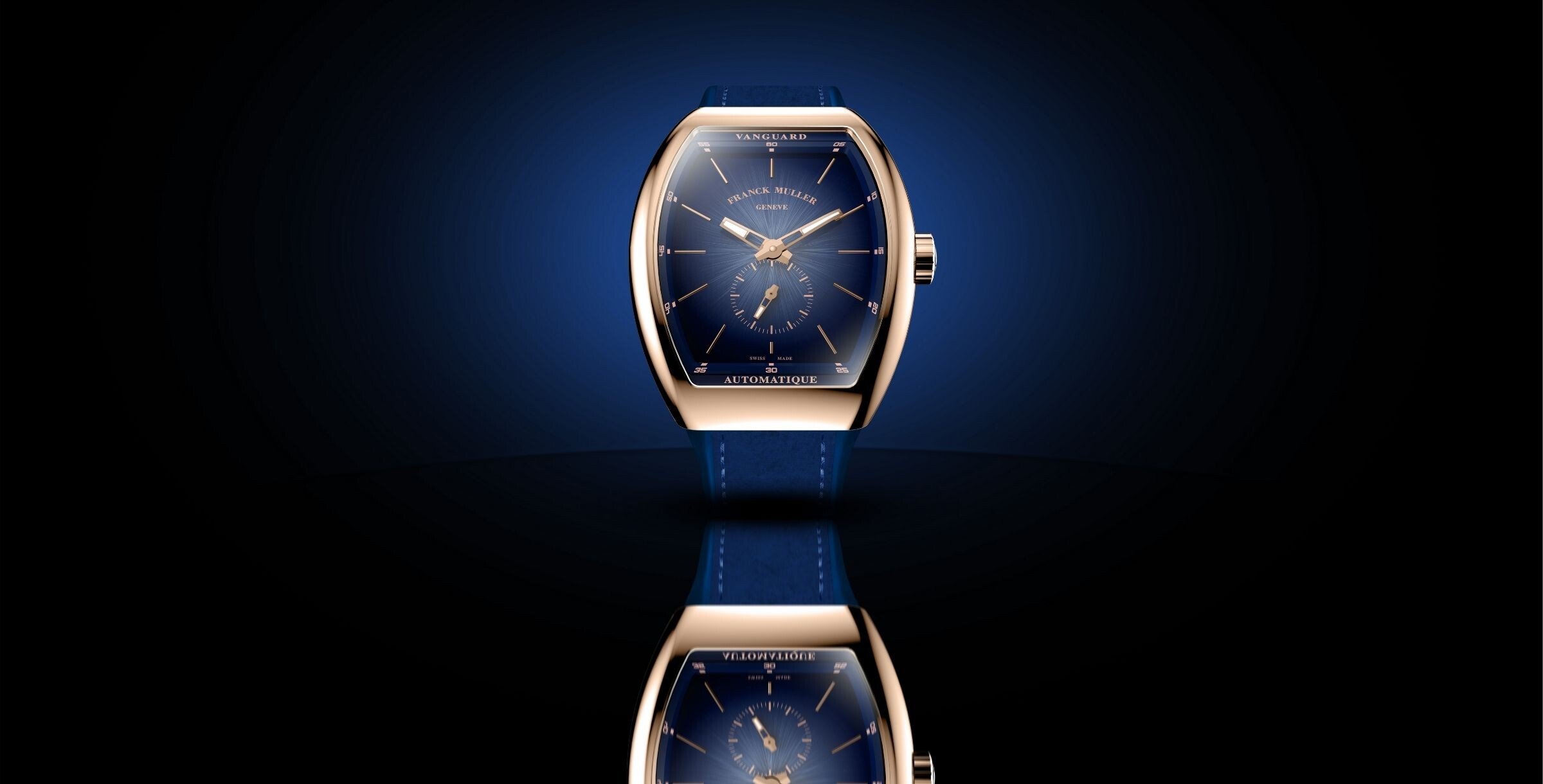 relógio franck Muller Vanguard Sfumato Slim com mostrador azul escuro raiado com efeito sfumato e caixa em ouro rosa polido e correia azul a condizer com o mostrador
