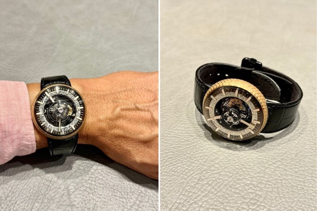 A caixa típica da Kross studio é redonda, ergonómica e assenta de modo orgânico no pulso; na imagem: o Game of Thrones - House of the Dragon Syrax Central Floating Tourbillon | Fotos: MIguel Seabra/Espiral do Tempo