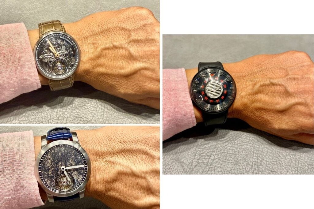 Mais exemplares Kross Studio: à esquerda, o MT1 Chronomètre Tourbillon 7 Jours e um modelo assente numa caixa de asas tradicionais; à direita, o Batman Central Tourbillon | Fotos: Miguel Seabra/Espiral do Tempo