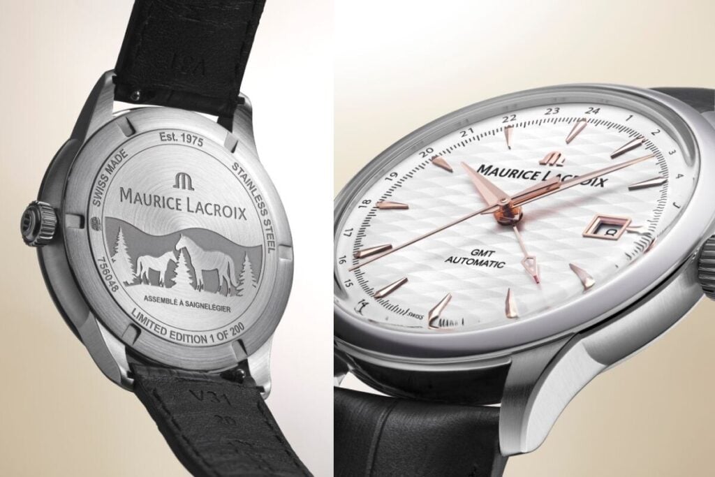 O 1975 Automatic GMT Silver Mist com a gravação comemorativa no fundo | Fotos: Maurice Lacroix