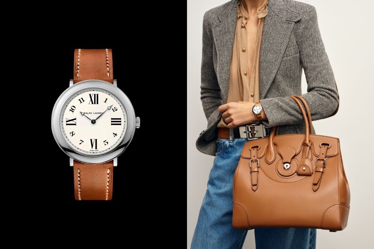 Relógio Ralph Lauren visto de frente com cenário preto como fundo. À direita, imagem de uma senhora com mala Ralph Lauren bege no braço e um relógio da mesma marca no pulso.