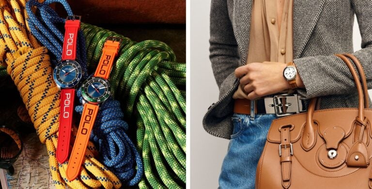 Duas imagens: à esquerda, os dois novos relógios Polo Watch pousados em cordas coloridas de escalada; à direita, uma senhora com uma mala castanha no braço e um relógio Ralph Lauren no pulso