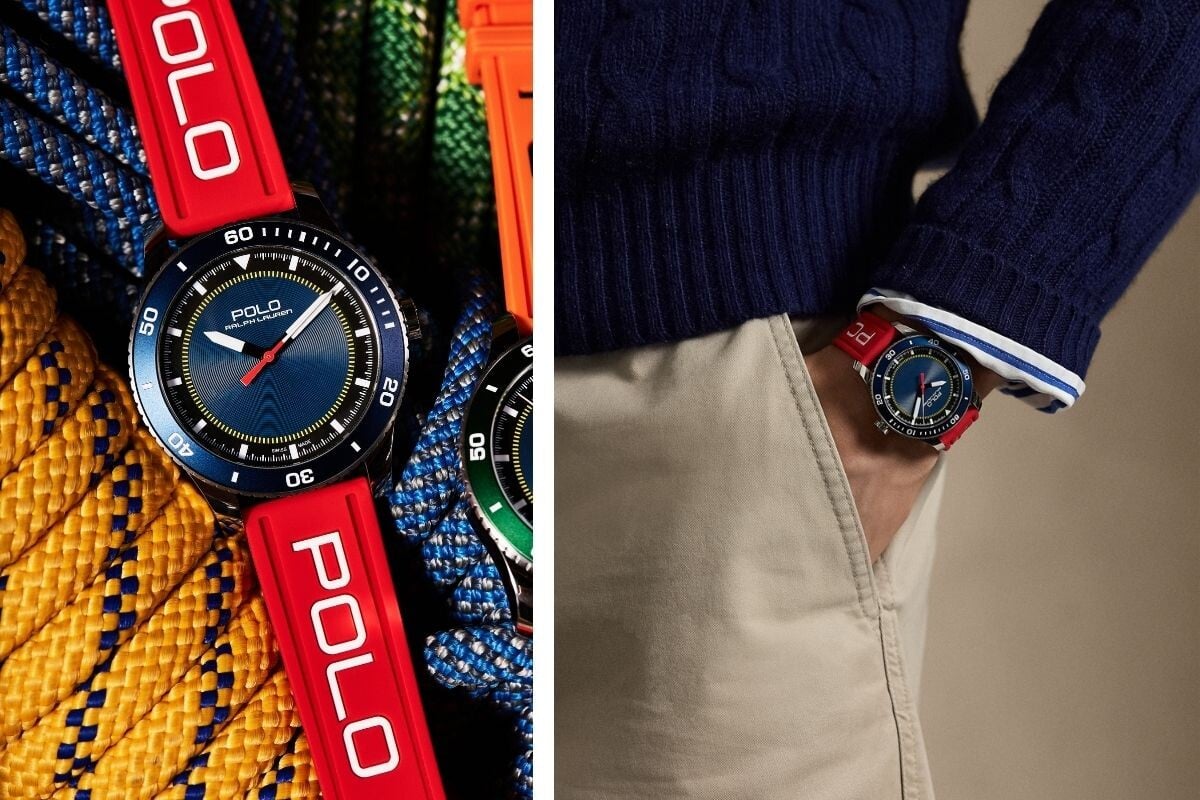 Relógio Polo Ralph Lauren com bracelete vermelha e mostrador azul, junto a cordas de escalada coloridas e usado com camisola azul e calças bege.