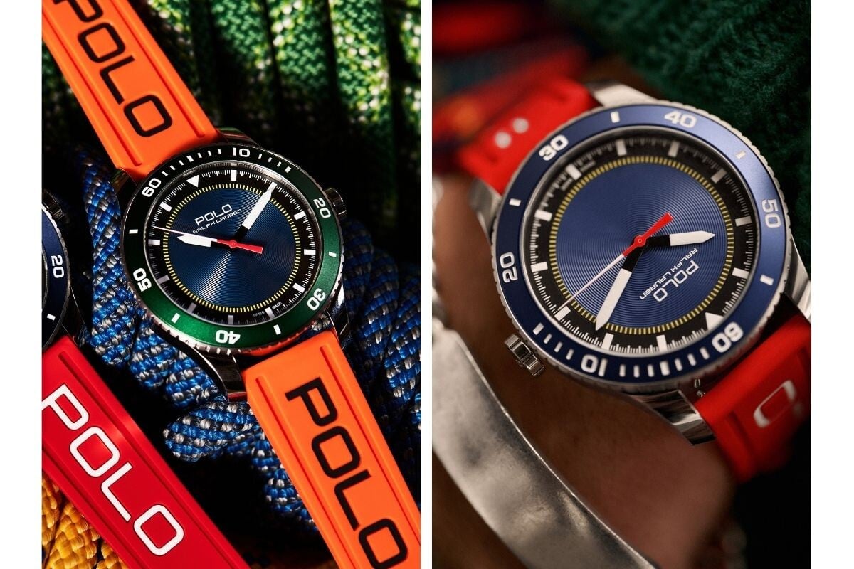 Relógios Polo Ralph Lauren com braceletes laranja e vermelha, mostradores azuis e detalhes coloridos, posicionados sobre cordas náuticas.