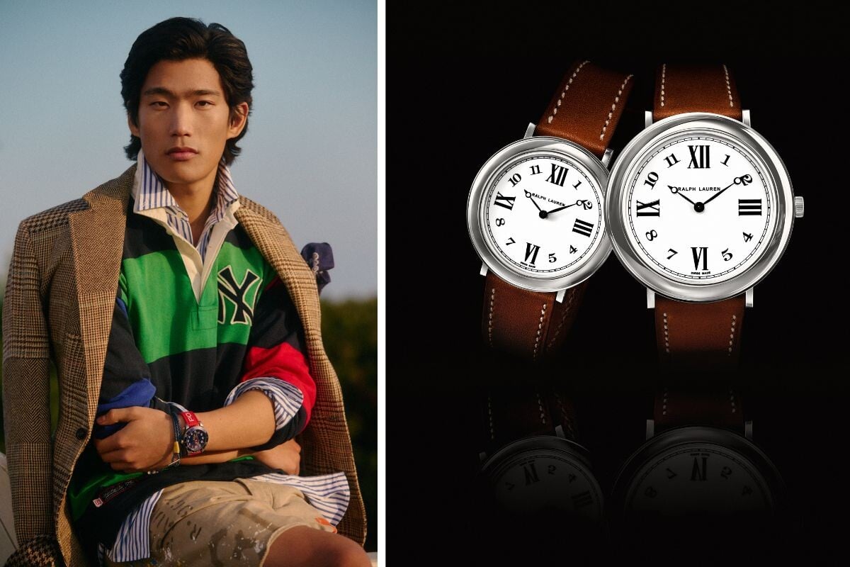 Foto de editorial de moda Ralph Lauren com um modelo que usa um relógio Polo Watch e uma foto diferente com dois relógios Ralph Lauren que têm fundo preto como cenário.