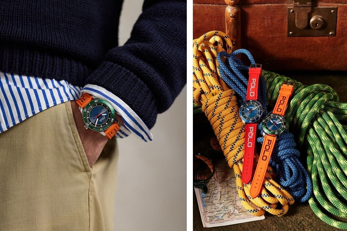 Relógios Polo Ralph Lauren em cenário de viagem com cordas náuticas, mapa e acessórios, um deles no pulso de uma pessoa com camisa às riscas e camisola azul.