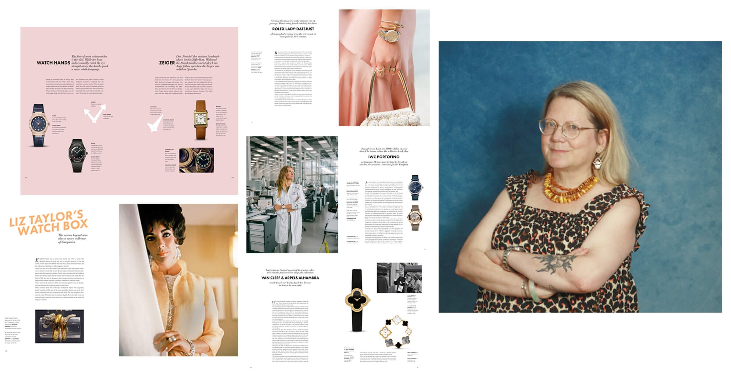 montagem de imagens que inclui a fotografia da autora Ronda Riche e algumas duplas do livro The Wonderful World of Women's Watches