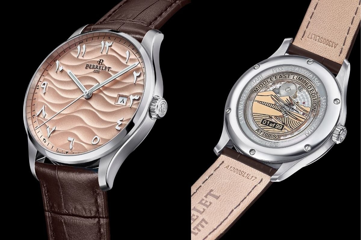 Relógio Perrelet com mostrador em tom areia e algarismos árabes, acompanhado de bracelete em pele castanha. O verso da caixa revela um rotor decorado com paisagem desértica e a inscrição “Middle East Limited Edition”.