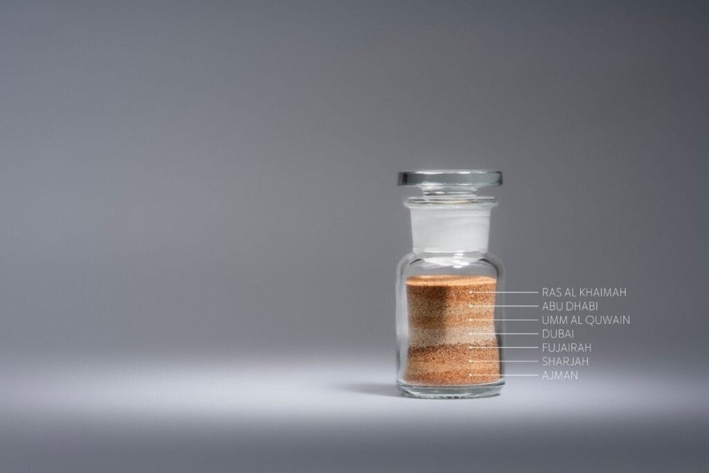 Frasco de vidro transparente com tampa de vidro fosco, contendo camadas distintas de areia provenientes dos sete emirados dos Emirados Árabes Unidos: Ras Al Khaimah, Abu Dhabi, Umm Al Quwain, Dubai, Fujairah, Sharjah e Ajman, indicados com linhas e texto à direita.