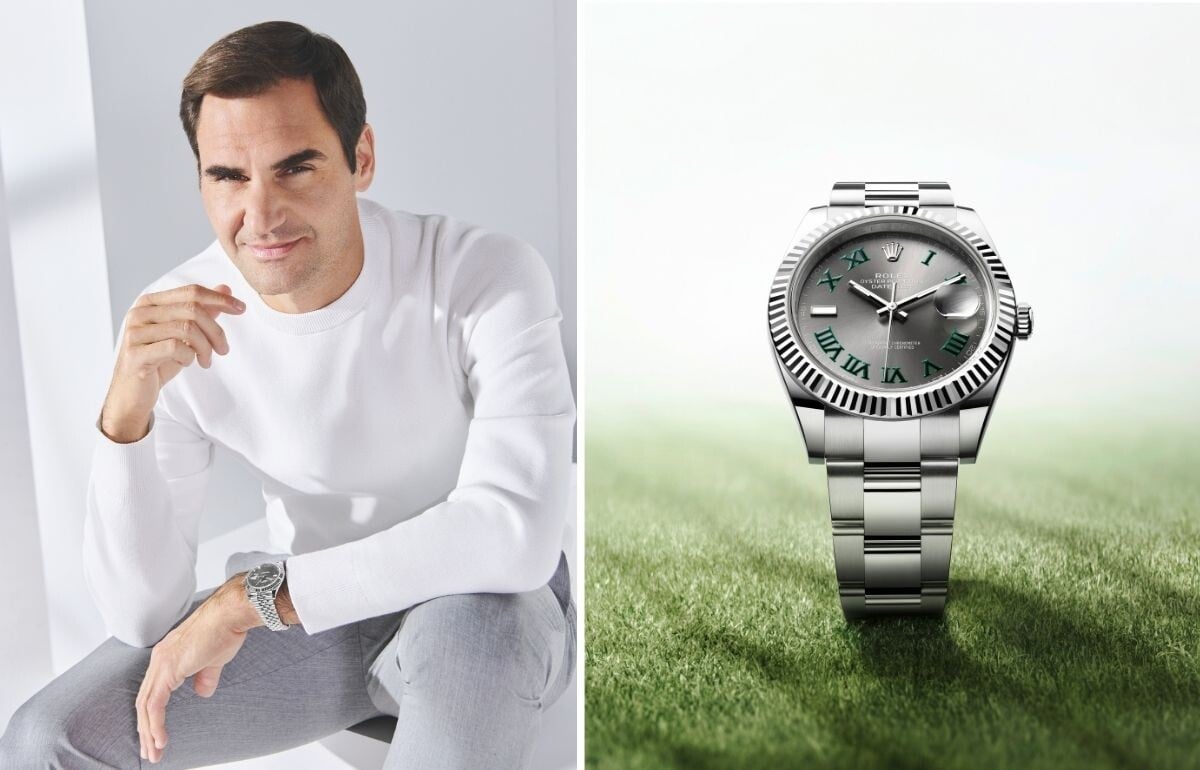 Roger Federer sentado e, ao lado, noutra foto, relógio Rolex Datejust com mostrador cinza e numerais verdes.