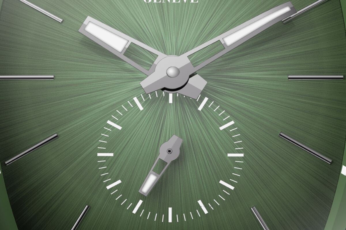 destaque do contador de pequenos segundos do relógio vanguard sfumato slim da franck muller com mostrador verde