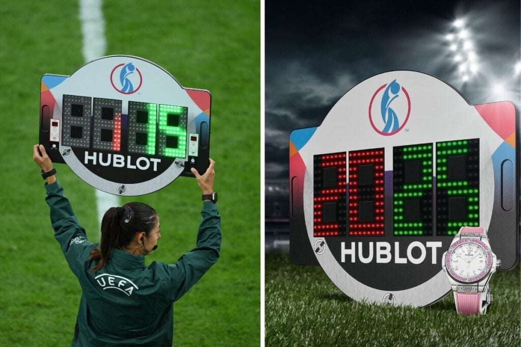 Oficial da UEFA segura placa de substituição da Hublot e versão promocional exibe o número 2025 com relógio feminino ao lado