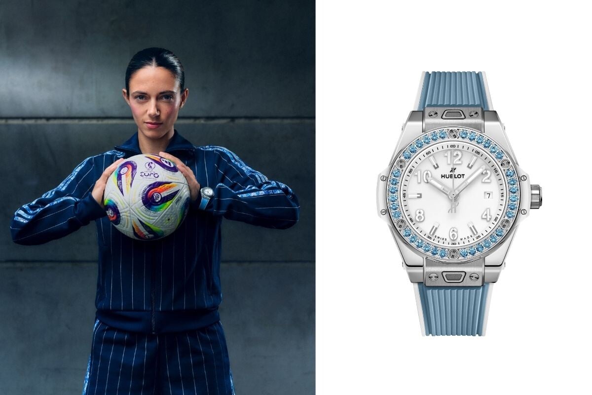 Aitana Bonmatí com uma bola de futebol nas mãos e, ao lado, a imagem de um relógio Hublot