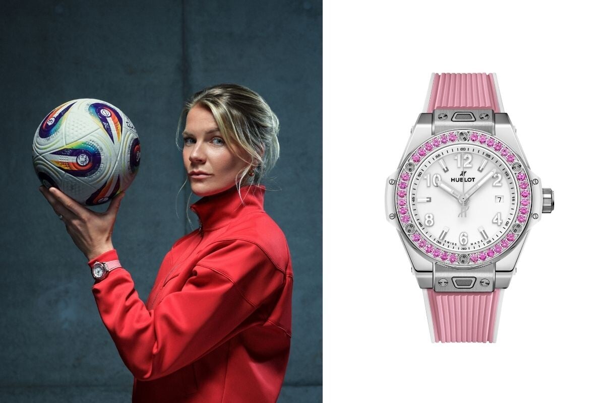 Ada Hegerberg, amiga da Hublot, ao lado de um Big Bang One Click Joyful durante a campanha de verão da Hublot, dedicada à celebração do torneio.