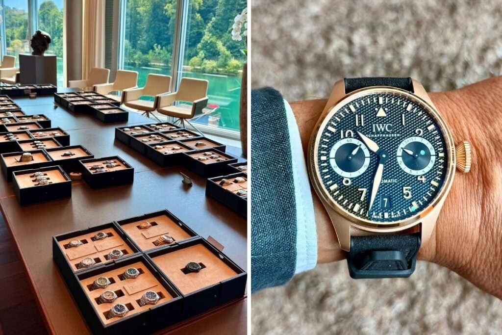 Composição com duas fotos, uma de uma sala com relógios IWC e outra com um Big Pilot no pulso