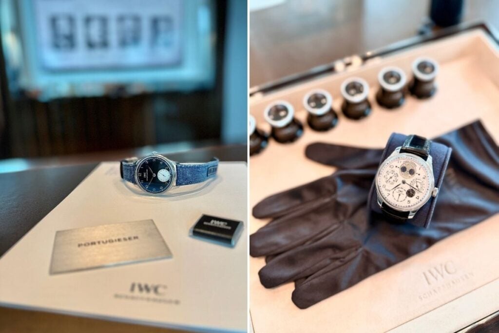 Na manufatura da IWC em Schaffhausen, relógios Portugieser em cima de uma mesa