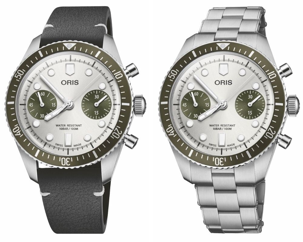 Relógio Oris Divers Sixty-Five Chronograph com corriea de pele preta à esquerda e bracelete de aço inoxidável à direita
