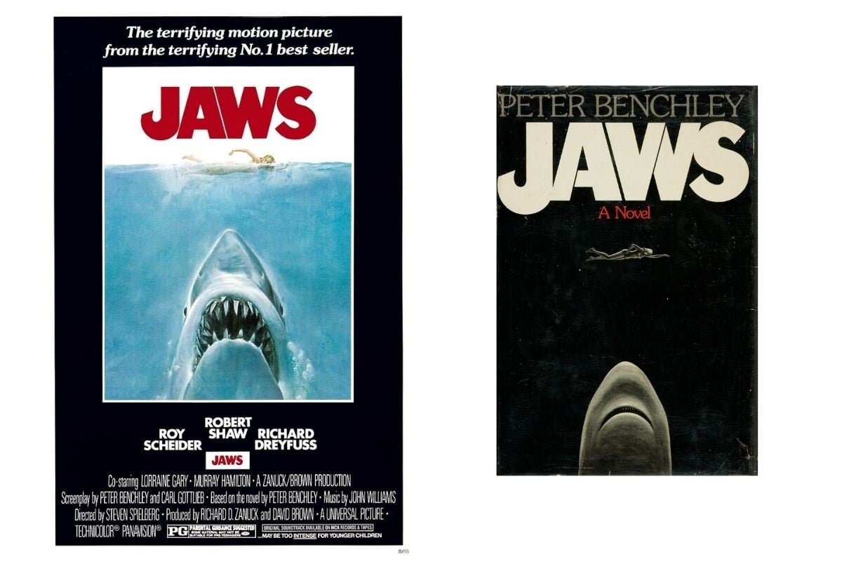 O cartaz do filme Jaws e a capa do livro original que lhe deu origem