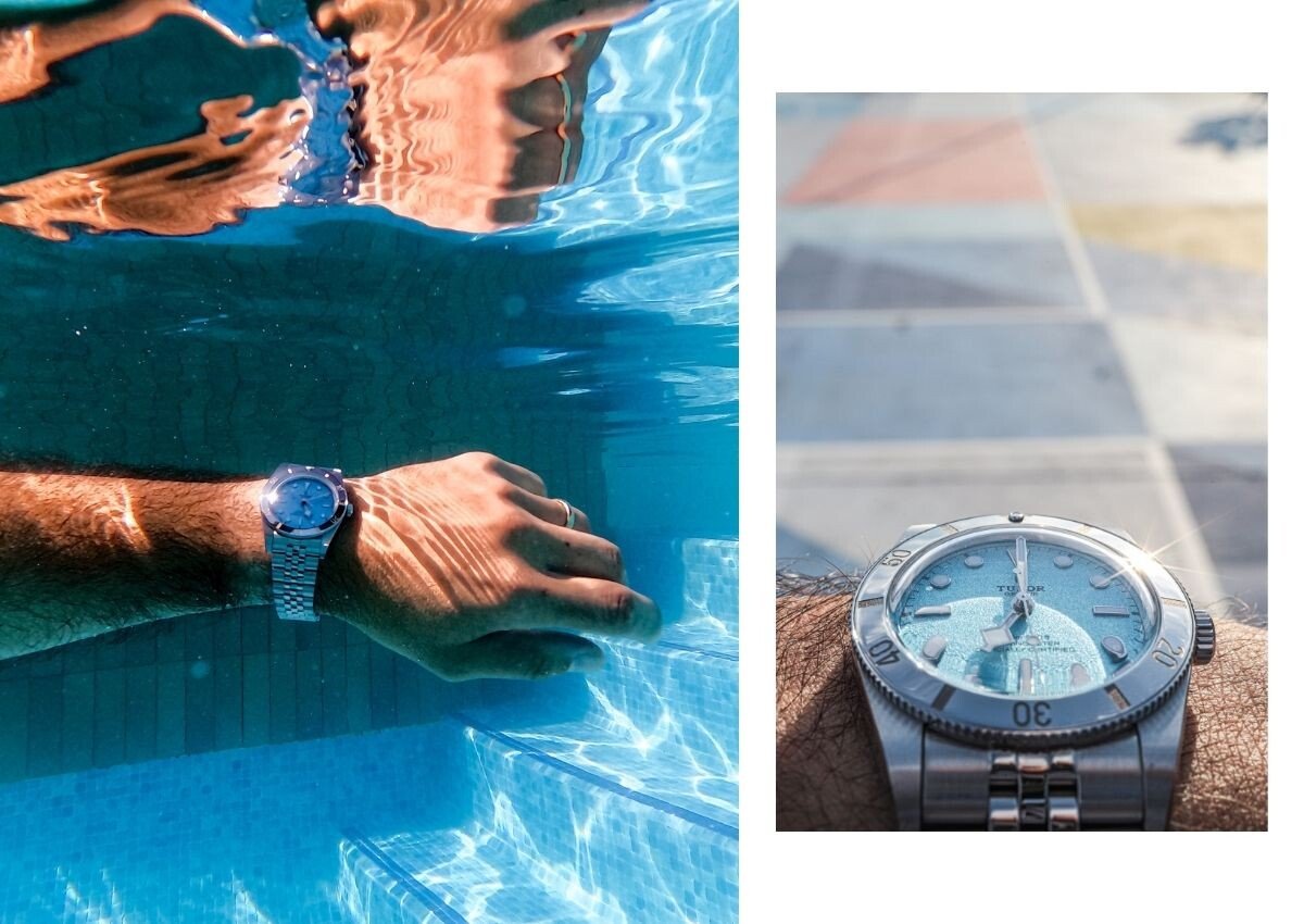 O relógio Tudor Black Bay 54 Blue Lagoon num pulso debaixo de água e num pulso fora de água