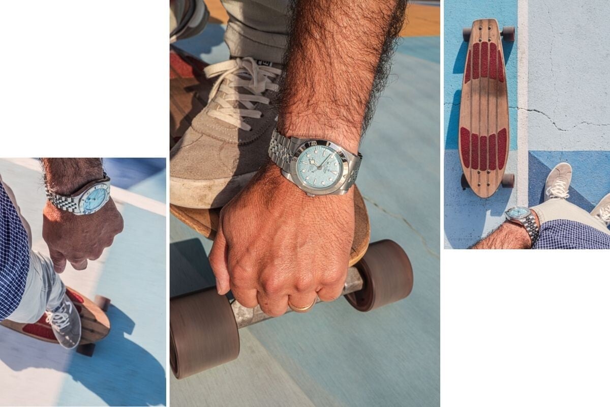 Montagem de três imagens em contexto de skate que destacam o relógio Tudor Black Bay 54 Blue Lagoon