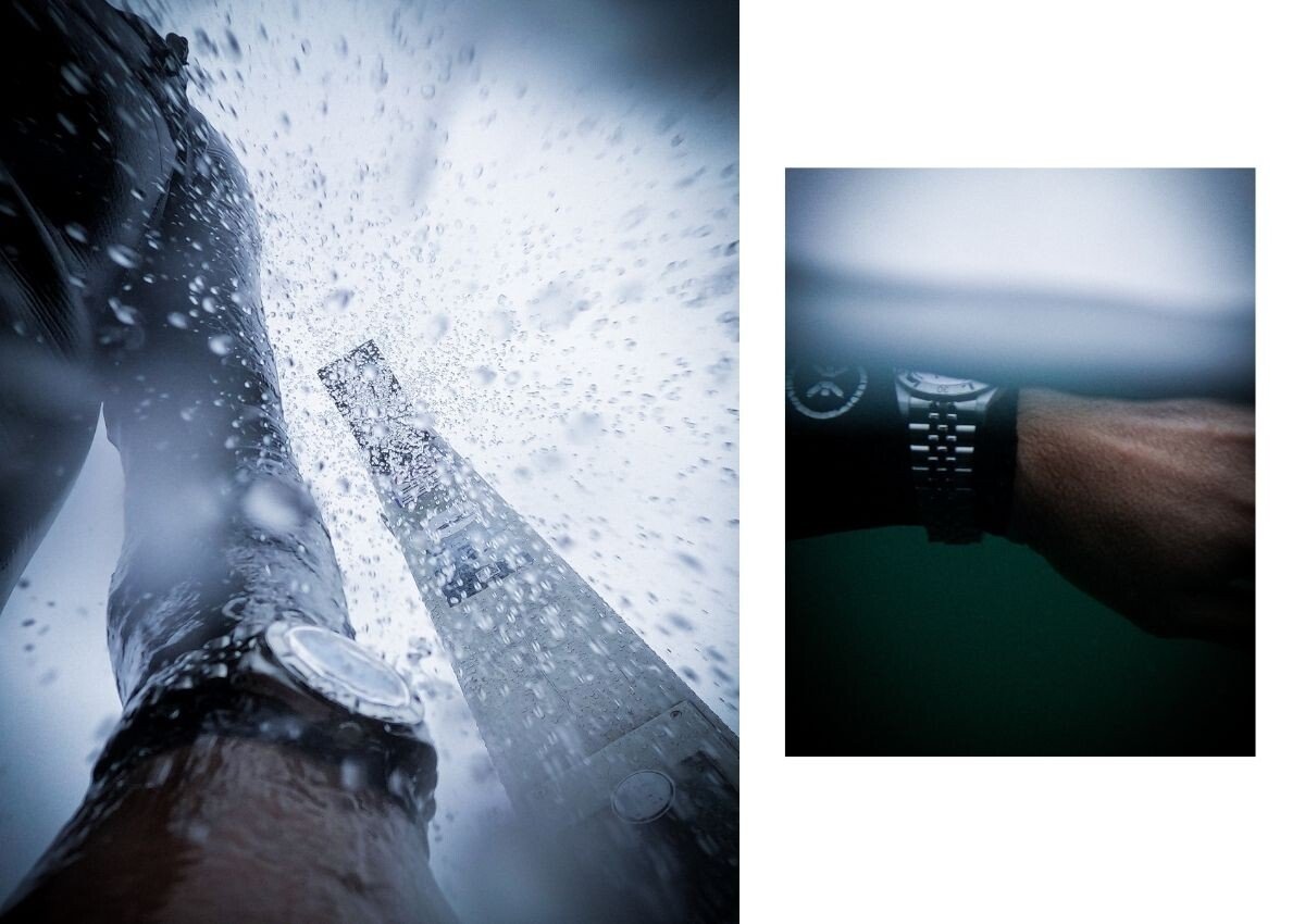 Duas fotos do Tudor Black Bay 54 Blue Lagoon em contexto de body board