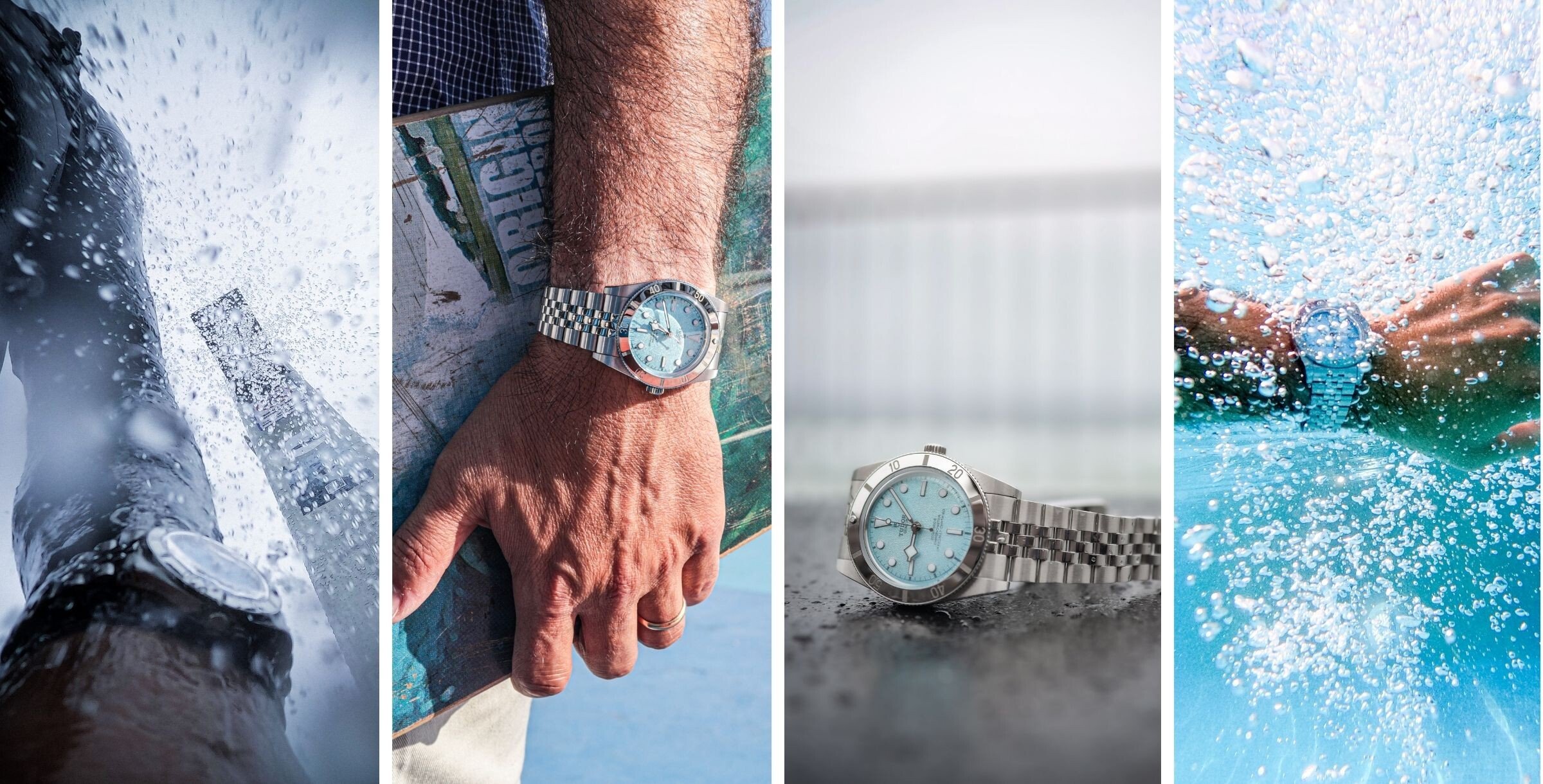 Montagem de diversas imagens que destacam o Tudor Black Bay 54 Blue Lagoon num test drive
