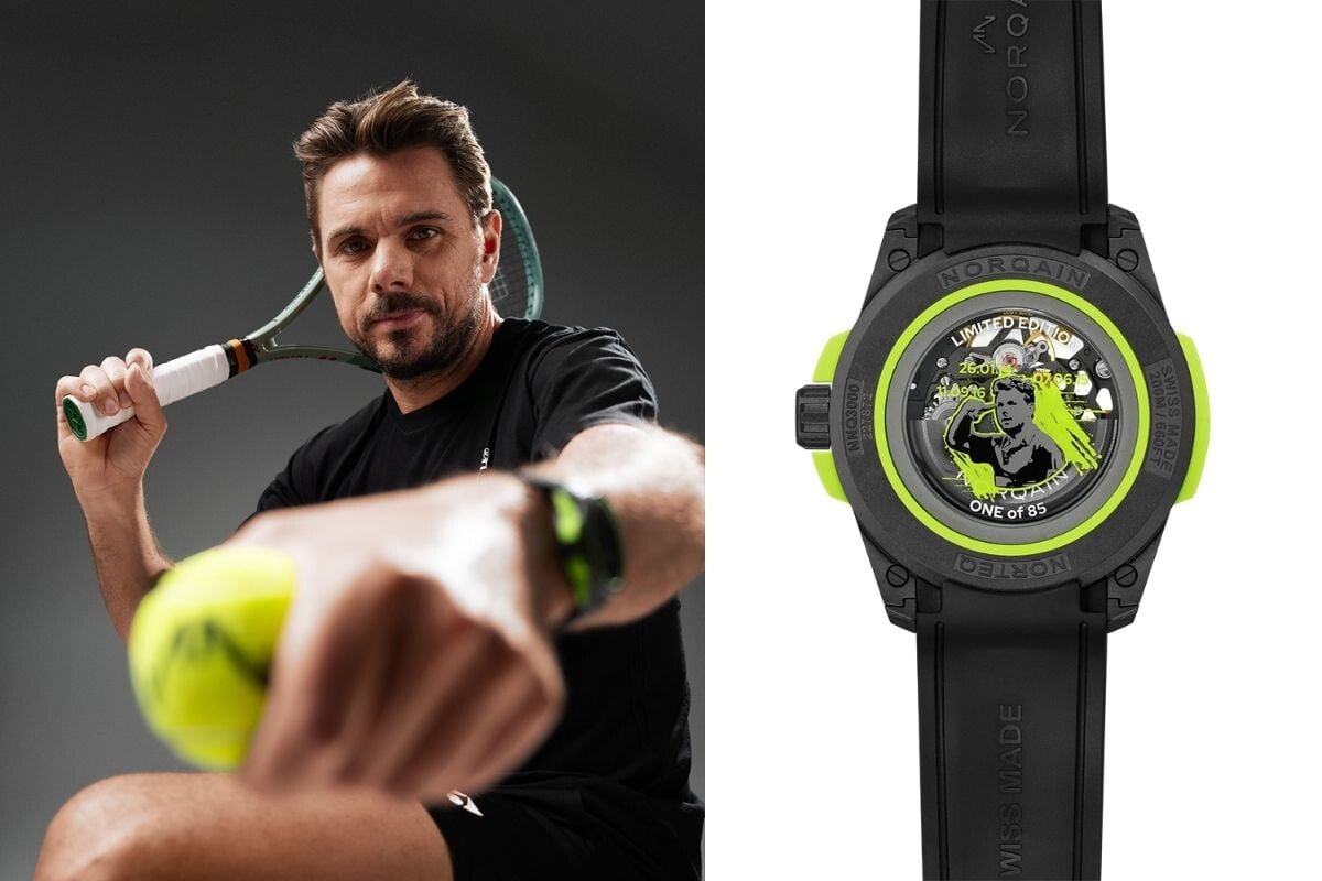 Stan Wawrinka com uma raquete na mão e uma bola de ténis no pulso
