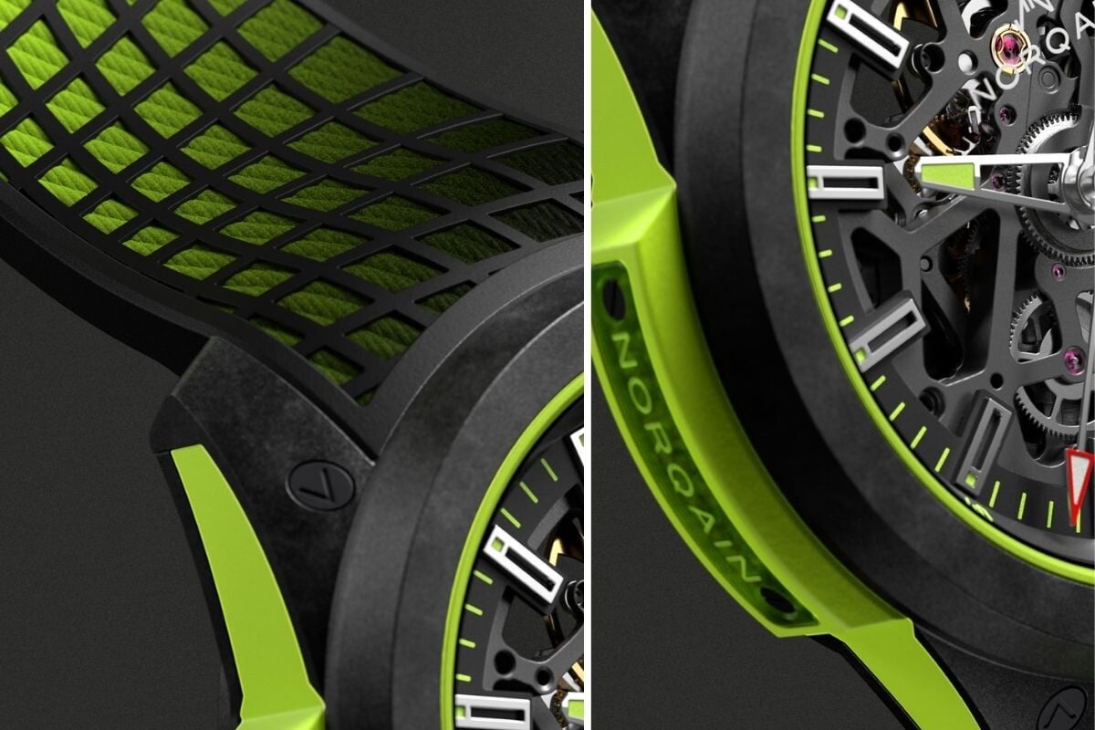 Close-ups da bracelete e da lateral do relógio Norqain Wild One Skeleton Stan The Man Limited Edition