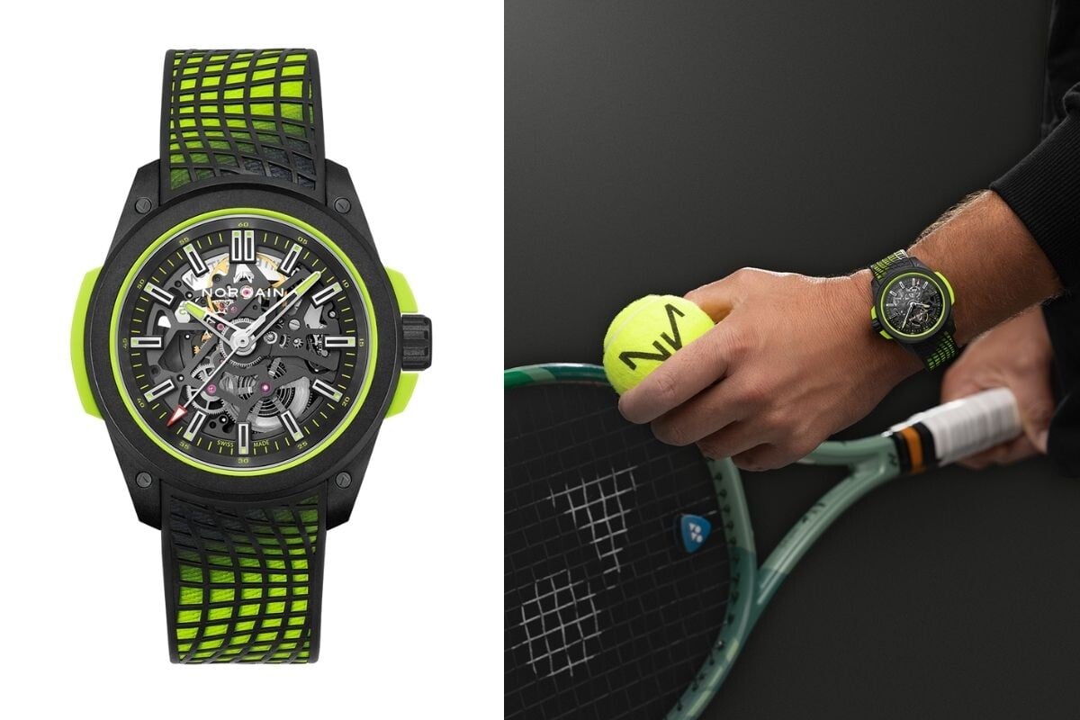O relógio Norqain Wild One Skeleton Stan the Man Limited Edition visto de frente e no pulso de Stan Wawrinka