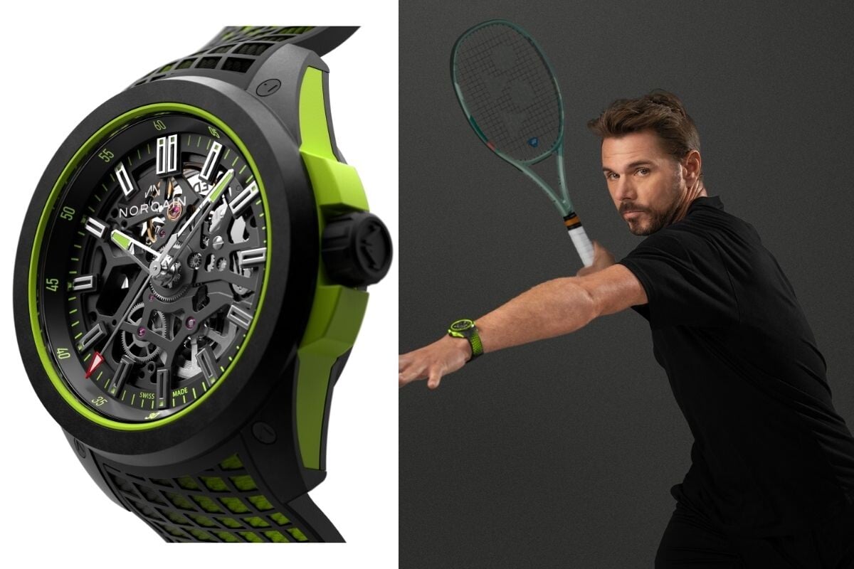O relógio Norqain Wild One Skeleton Stan The Man Limited Edition em tons pretos e verde lima, de homenagem a Stan Wawrinka que pousa numa segunda imagem como se estivesse a jogar com uma raquete na mão e o relógio no pulso.