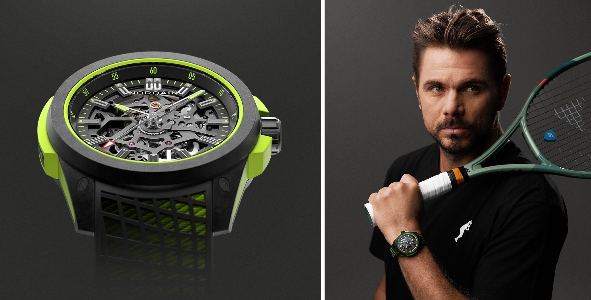 O relógio Norqain Wild One Skeleton Stan The Man Limited Edition em tons pretos e verde lima, de homenagem a Stan Wawrinka que pousa na imagem ao lado com uma raquete na mão e o relógio no pulso.