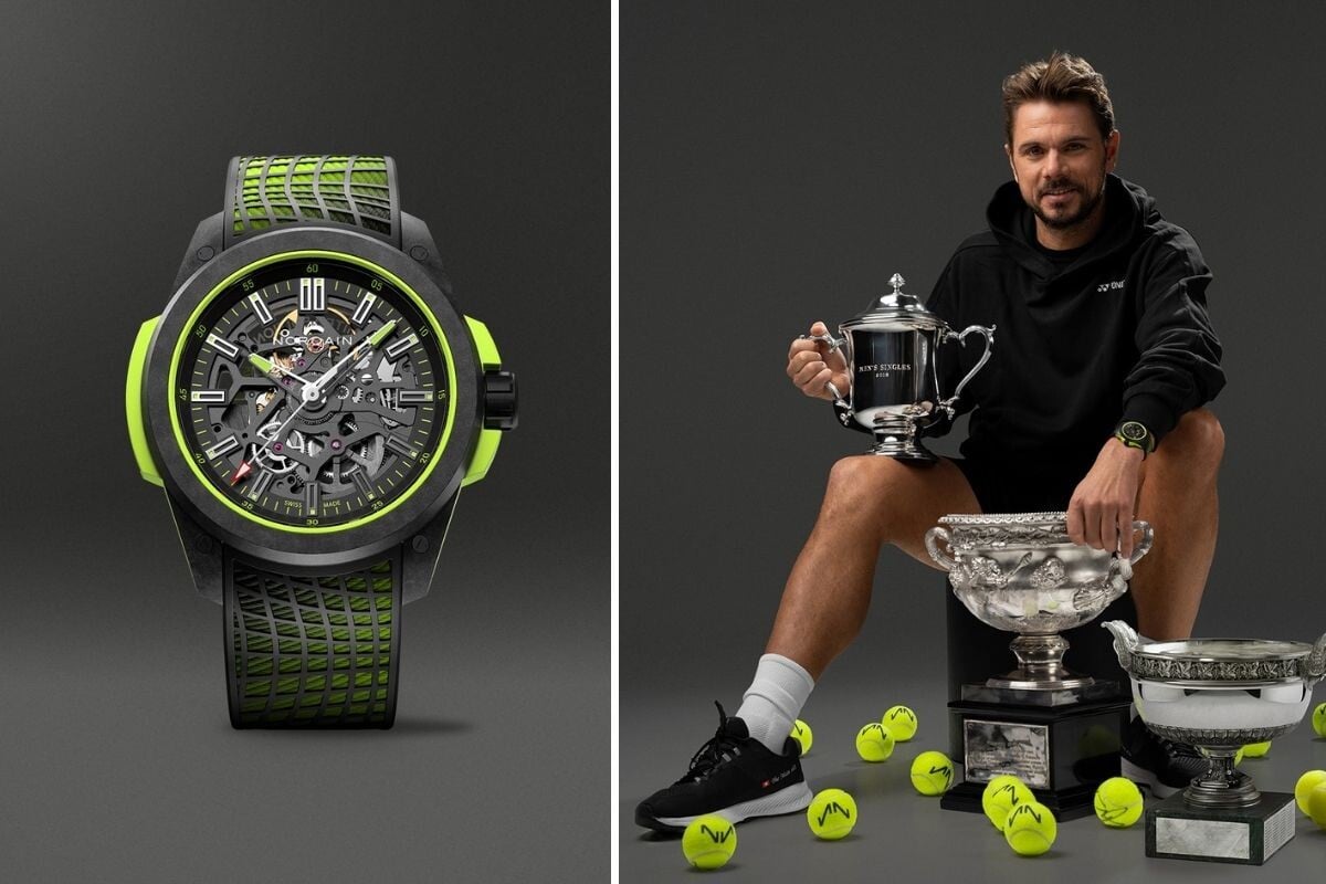 O relógio Norqain Wild One Skeleton Stan The Man Limited Edition e um tenista Stan Wawrinka sentado junto aos seus troféus e com bolas de ténis espalhadas no chão.