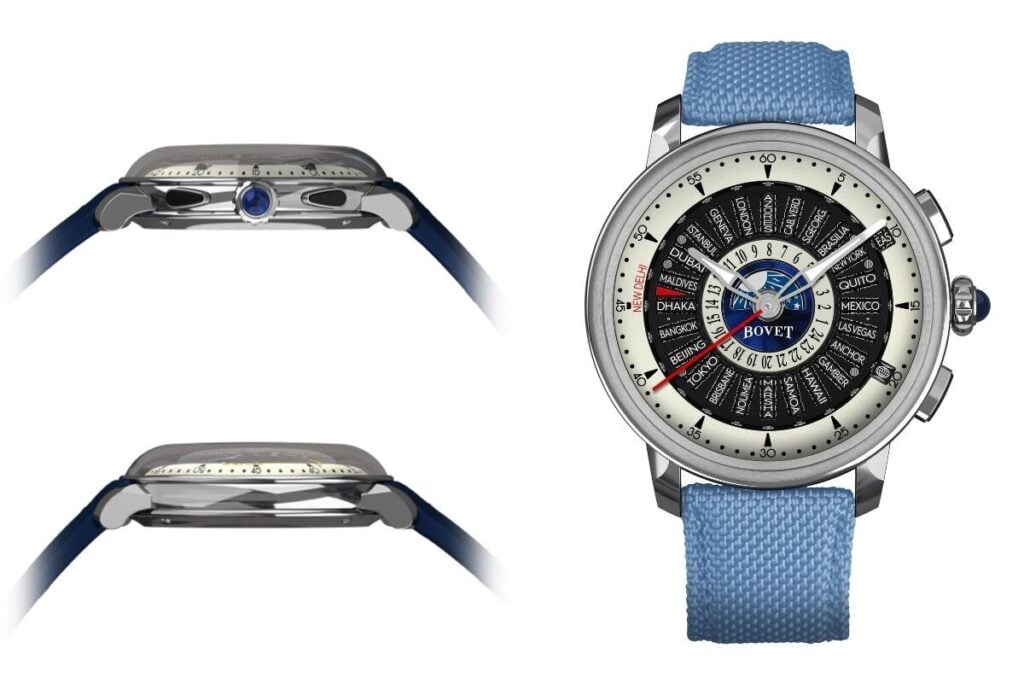 Vista lateral e frontal do relógio Bovet Récital 30 Worldtimer com bracelete azul, evidenciando o design sofisticado e a caixa polida