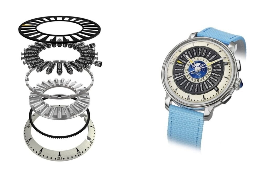 Explosão dos componentes internos do relógio Bovet Récital 30 Worldtimer ao lado da versão final com bracelete azul