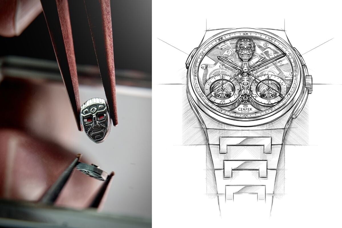 Detalhe do robot do Czapek Antarctique Rattrapante RUR e o relógio em desenho