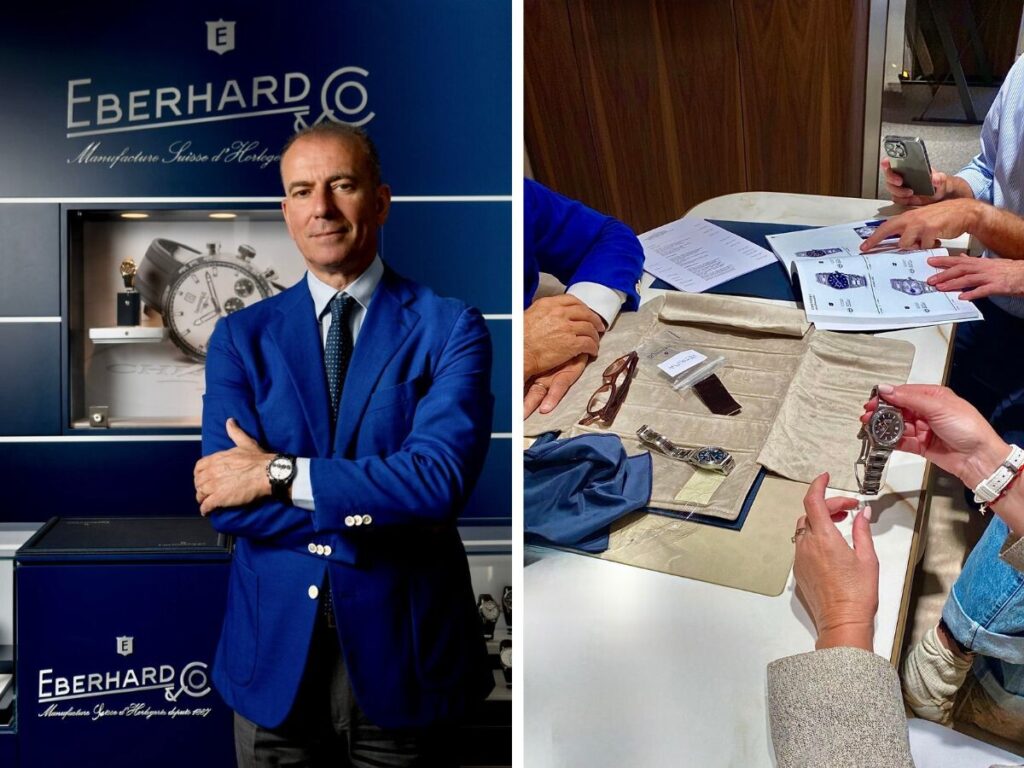 Mario Peserico, diretor-geral da Eberhard & Co na apresentação na loja Perodri em Madrid e à conversa com jornalistas na apresentação da linha Contodat; fotos: Eberhard e Miguel Seabra/Espiral do Tempo