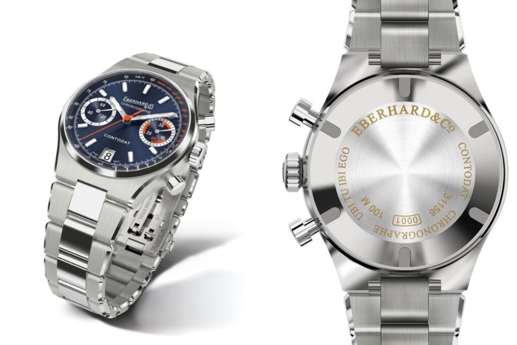 fotografia do modelo de relógio Contodat Chronographe da marca suíça de relojoaria Eberhard com mostrador azul e bracelete metálica, imagem do fundo em aço com inscrição
