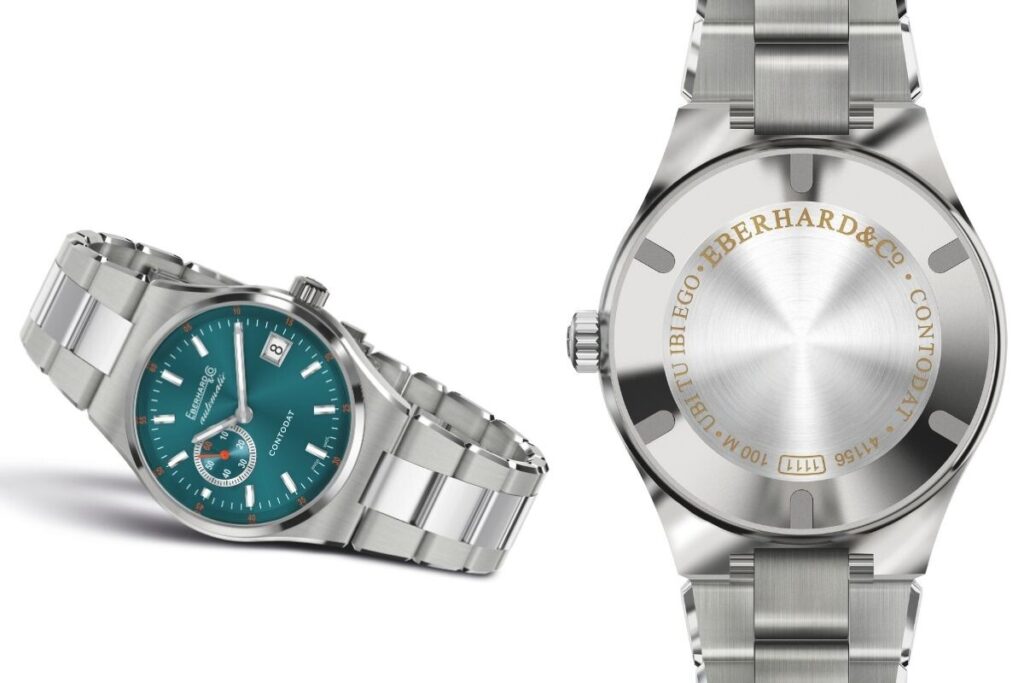 fotografia do modelo de relógio Contodat Automatic da marca suíça de relojoaria Eberhard com mostrador verde e bracelete metálica, fundo em aço com inscrição