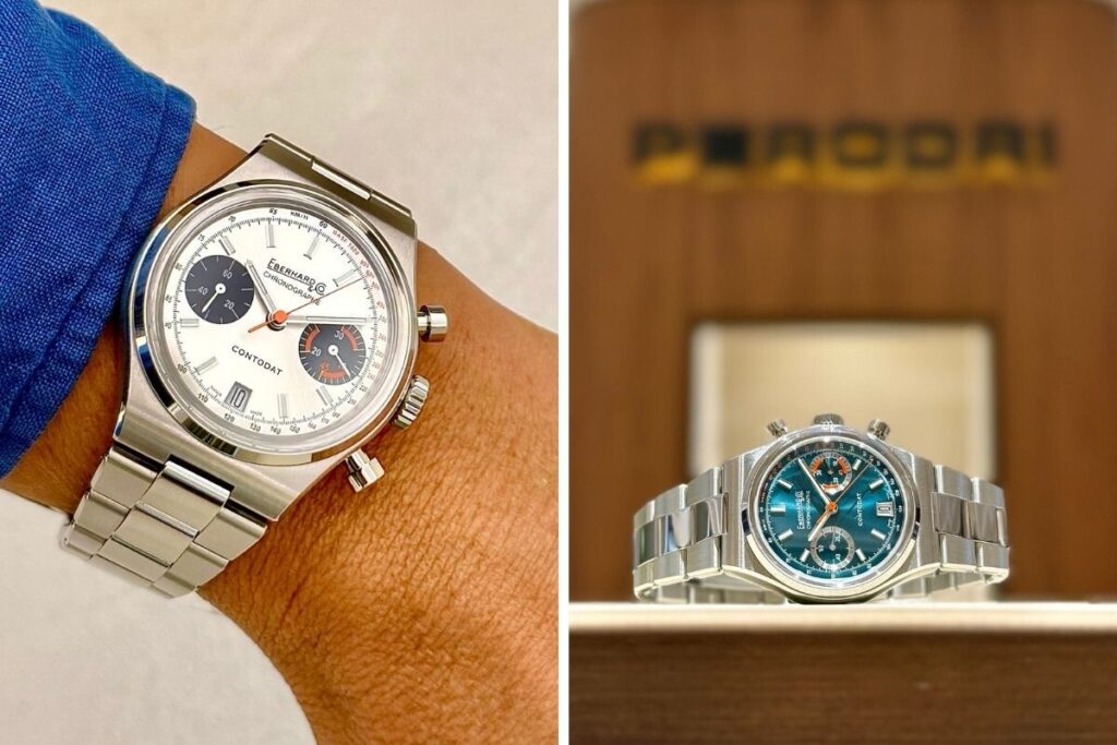 modelos Contodat Chronographe da marca suíça de relojoaria Eberhard no pulso e na mesa da loja Perodri de Madrid com mostradores cinza e verde; fotos: Miguel Seabra/Espiral do Tempo