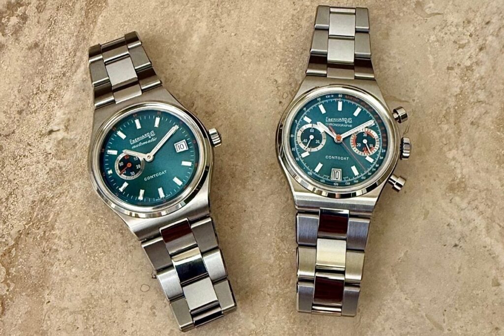 fotografia na mesa dos modelos de relógio Contodat Automatic em verde e Contodat Chronographe em verde da marca suíça de relojoaria Eberhard; foto: Miguel Seabra/Espiral do Tempo