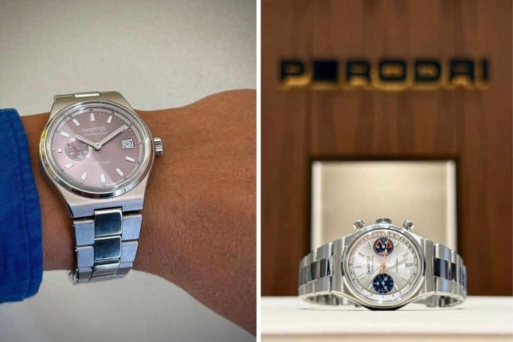 modelos Contodat Automatic e Contodat Chronographe da marca suíça de relojoaria Eberhard no pulso e na mesa da loja Perodri de Madrid com mostradores cinza e prateado fotos: Miguel Seabra/Espiral do Tempo