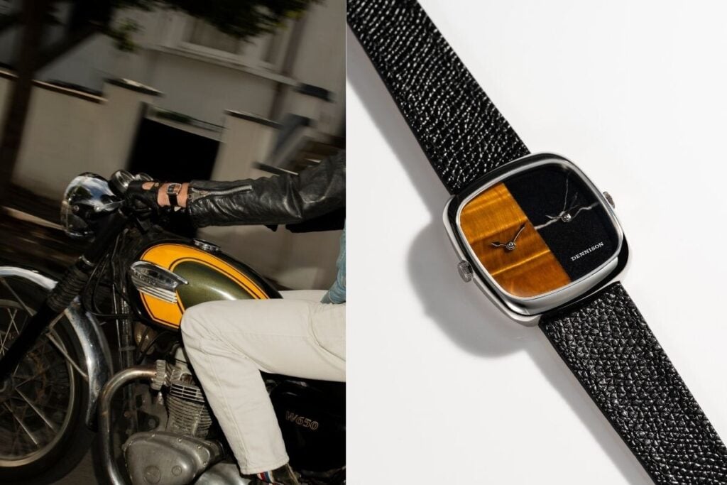 Relógio Denninson com mostrador bicolor em castanho e preto e correia preta. Um deles no pulso de um homem a andar de mota. O Tiger Eye & Marble é um dos mais populares modelos da linha ALD Dual Time | Fotos: Dennison e Miguel Seabra/Espiral do Tempo